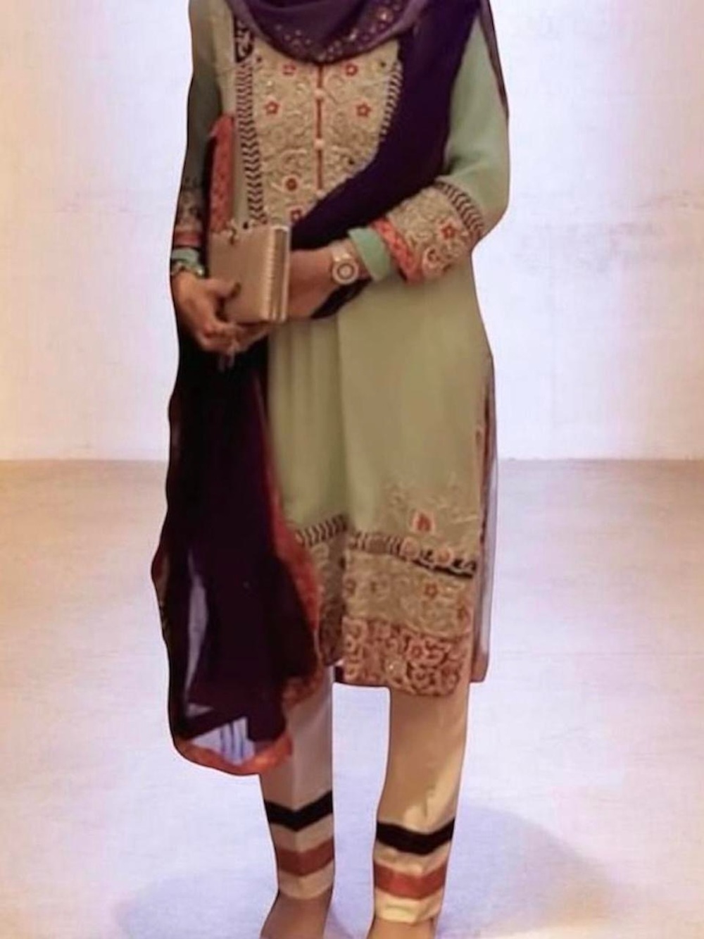 Embroidered Mint Green Pakistani Suit with Navy Dupatta